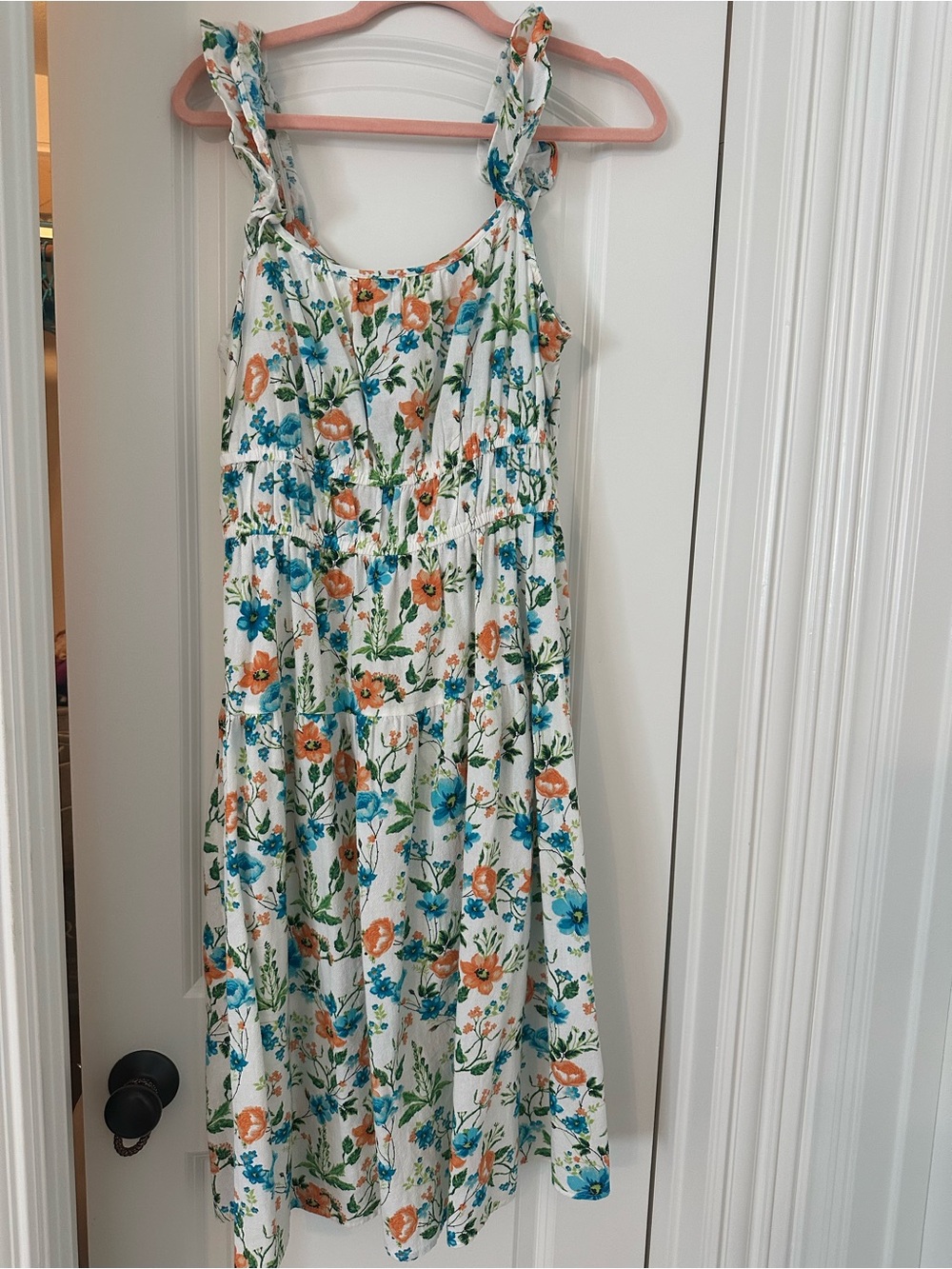 Sleeveless White Floral Maxi Dress with Blue and Orange Blooms